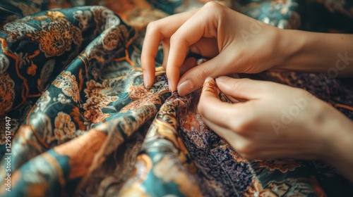 Woman's hands sewing vibrant patterned fabric