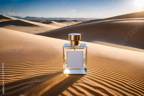 Isolated Perfume Bottle on Scenic Desert Dunes photo