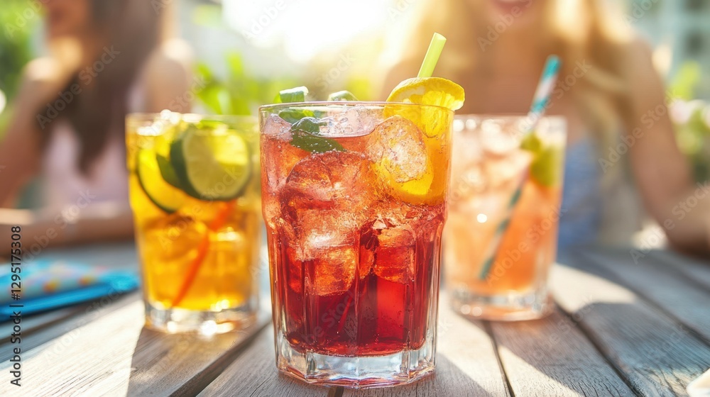 Two glasses of beverages are placed on a table, with a woman visible in the background, creating a social and relaxed atmosphere. Two glasses of beverages are placed on a table, with a woman visible in the background, creating a social and relaxed atmosphere.
