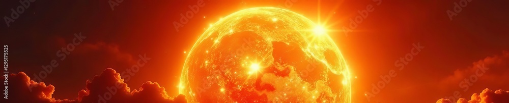 Fototapeta premium Digital illustration of a giant, fiery sun radiating intense heat and energy, digital, celestial body, heat