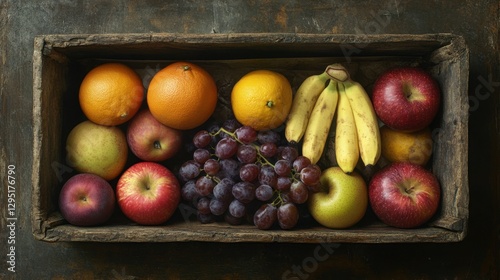 A variety of organic fruits such as apples, oranges, bananas, and grapes arranged in a rustic basket, top view