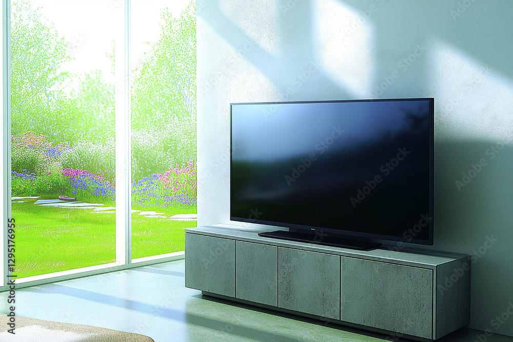 Fototapeta premium Modern Living Room with Flat Screen TV and Garden View