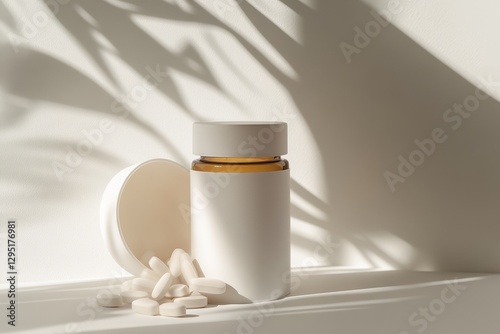 White pills in a light-brown bottle, studio shot with palm shadows photo