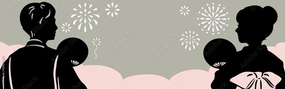 Obraz premium バナー フレーム シルエット 浴衣 男性 女性 手描き 夏 花火 フレーム 背景 デザイン