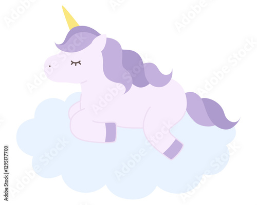 雲に乗ったかわいいユニコーンのベクターイラスト。馬、角、動物、ドリーミー