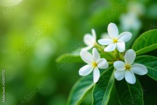 Macro shot of jasmine blooming shrub with small white flowers and green foliage, aroma, vibrant