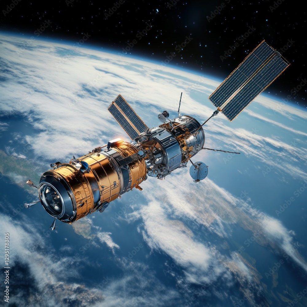 Fototapeta premium Studio shot of a satellite deployment from a spacecraft, isolated with soft lighting, creating a professional and versatile look, capturing the moment of release