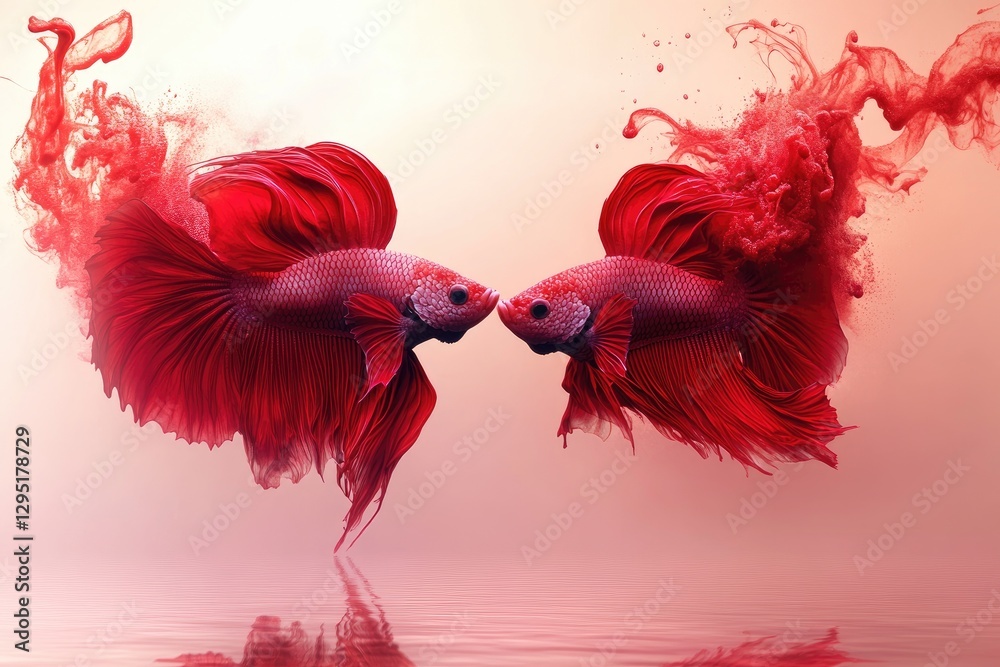 Fototapeta premium Two red fighting fish facing each other above the water