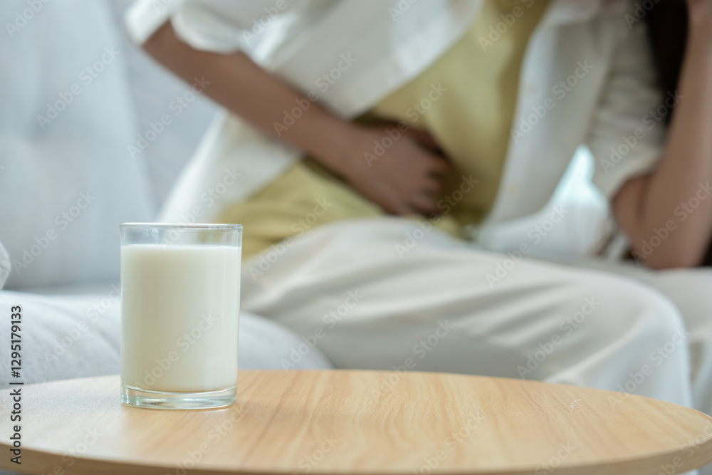 Milk allergens, Sick sad unhealthy ill allergic woman, runny stuffy sore nose suffer from intolerance allergy trigger symptoms. abdominal pain, allergens, nut protein, rash, death, food allergy