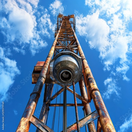 Studio shot of an oil well drilling rig mast, isolated with soft lighting, creating a professional and versatile look, emphasizing its towering height and structural integrity. photo