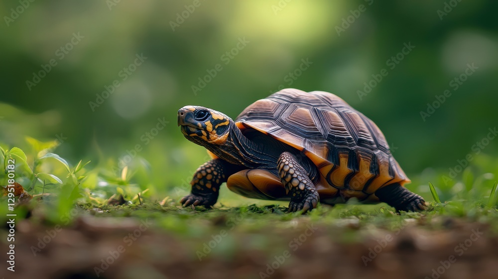 A vibrant tortoise exploring a lush green garden, surrounded by soft sunlight and nature A vibrant tortoise exploring a lush green garden, surrounded by soft sunlight and nature