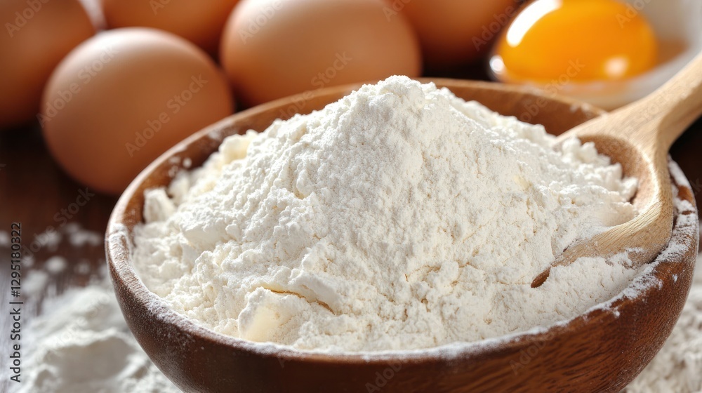 Wooden bowl of flour, eggs, and yolk; baking ingredients Wooden bowl of flour, eggs, and yolk; baking ingredients
