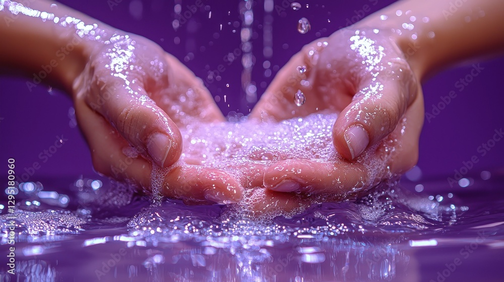 Fototapeta premium Hands Washing with Soap, Water Splashing on Purple Surface