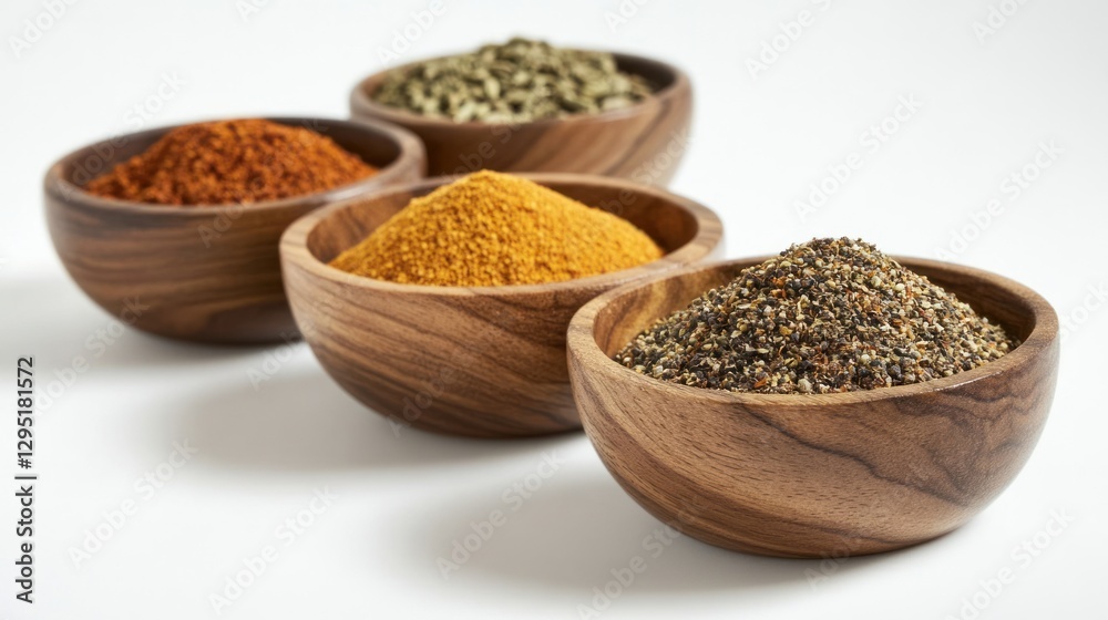 Wooden Bowls of Spices on White Background Wooden Bowls of Spices on White Background