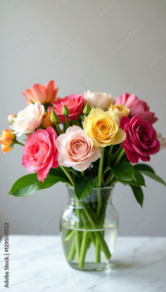 Fototapeta premium Elegant arrangement of vibrant spring flowers on a marble table, background, decor