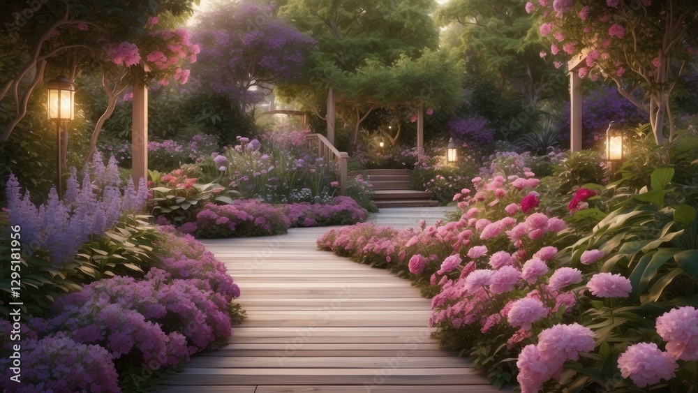 Fototapeta premium A Modern Garden Path Lit by Ambient Lighting, Highlighting Lush Plants and Flowers at Night