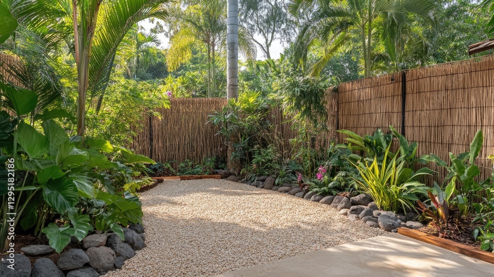 A tropical garden with a bamboo fence providing privacy and shade. A tropical garden with a bamboo fence providing privacy and shade.
