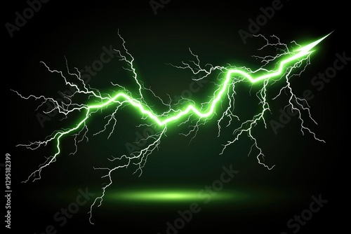 A vibrant green bolt of lightning flashes against black darkness