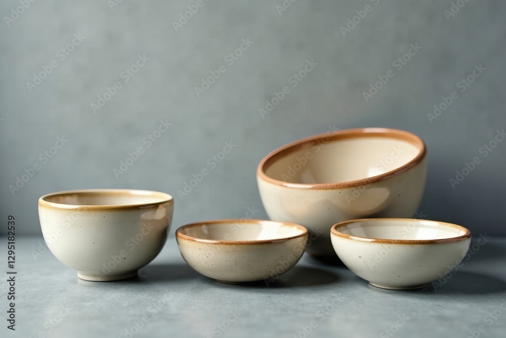 Set of empty ceramic nesting bowls in various sizes on gray surface, storage, space-saving Set of empty ceramic nesting bowls in various sizes on gray surface, storage, space-saving
