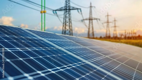 A solar panel captures sunlight with power lines in the background, symbolizing the connection between renewable energy and electricity.