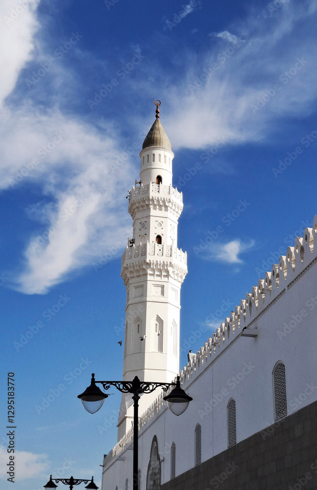 Quba Mosque minaret, with blue sky background. Quba Mosque minaret, with blue sky background.