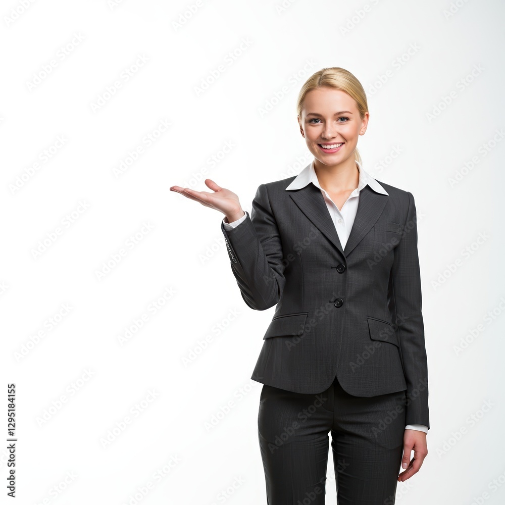 Confident Businesswoman Presenting with Open Palm Gesture in Professional Suit, Ideal for Corporate Presentations and Marketing Materials Confident Businesswoman Presenting with Open Palm Gesture in Professional Suit, Ideal for Corporate Presentations and Marketing Materials