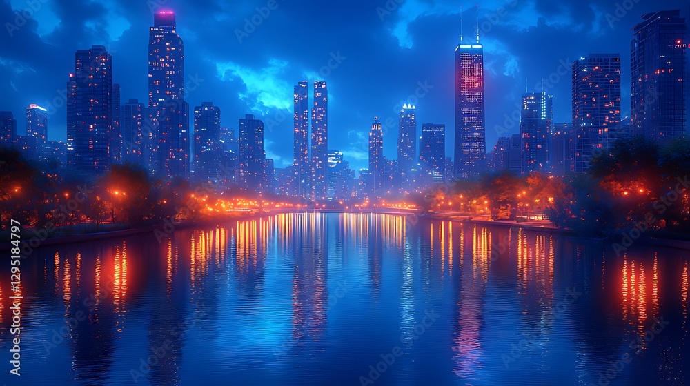 Fototapeta premium Night cityscape lake reflection, city lights, park, twilight