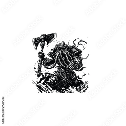 Cthulhu warrior engraving design vector template illustration