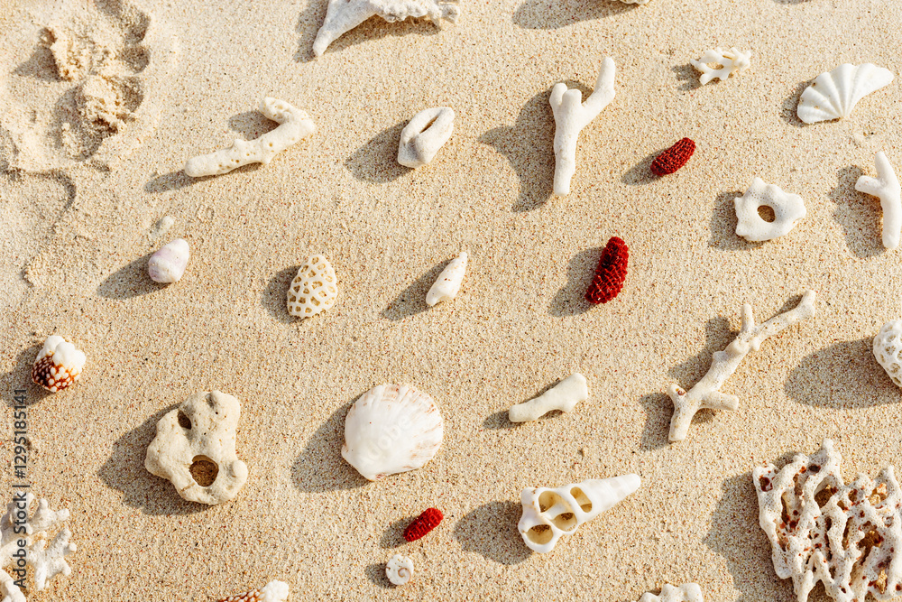 Seashells and coral on Beach Sand at sunlight, outdoor nature pattern from variety of shells and red and white coral pieces scattered on light beige sandy sea shore, minimal style environment Seashells and coral on Beach Sand at sunlight, outdoor nature pattern from variety of shells and red and white coral pieces scattered on light beige sandy sea shore, minimal style environment