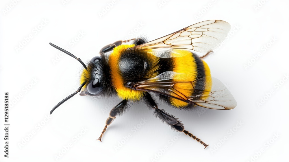 Close-up of a bumblebee showcasing its vibrant yellow and black stripes against a white background Close-up of a bumblebee showcasing its vibrant yellow and black stripes against a white background