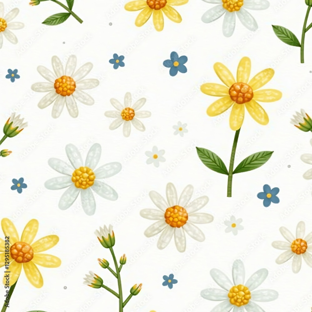Whimsical seamless pattern of small daisy flowers on white background, spring, cute Whimsical seamless pattern of small daisy flowers on white background, spring, cute