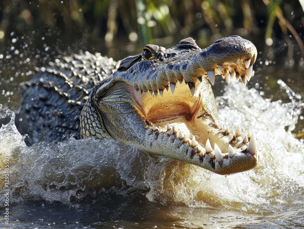 Obraz premium Majestic Crocodile with Open Mouth Splashing Water in Natural Habitat Captured in Stunning Detail, Showcasing Power and Beauty of Wild Reptiles