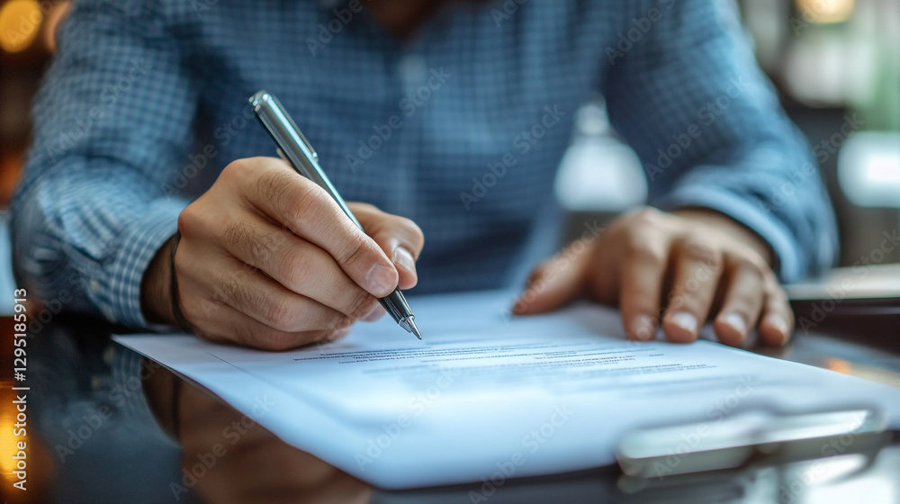 Focused individual signing important documents at a desk in a cozy cafe during morning hours Focused individual signing important documents at a desk in a cozy cafe during morning hours
