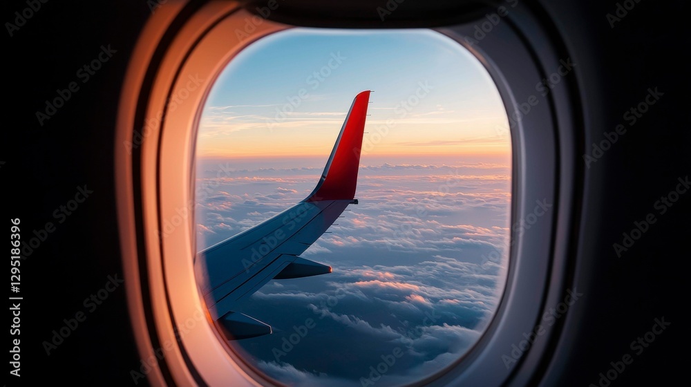 Airplane View High Above Clouds During Sunset Creating a Dreamlike Ethereal Atmosphere Airplane View High Above Clouds During Sunset Creating a Dreamlike Ethereal Atmosphere