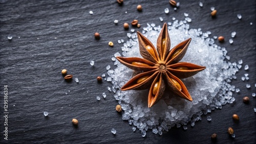 Star Anise Spice on Sea Salt Background for Culinary Inspiration photo