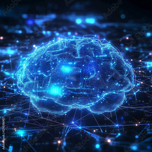 Abstract image of AI in business with interconnected data points and futuristic holographic elements.