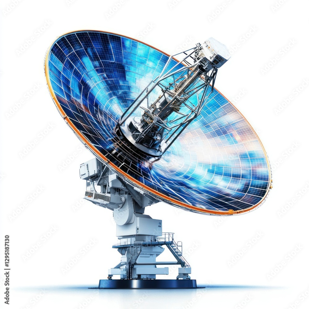 High-resolution image of an advanced phased-array satellite dish against a white backdrop, perfect for e-commerce, catalogs, and promotional content, used in military and aerospace applications