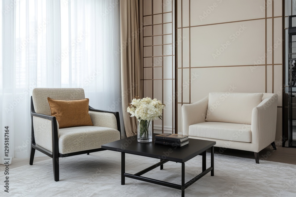 Fototapeta premium Two armchairs and a table feature interior living room design
