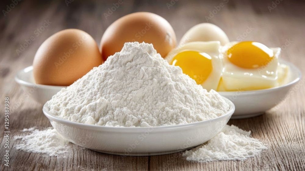 Wooden table with flour, eggs, and fried eggs Wooden table with flour, eggs, and fried eggs