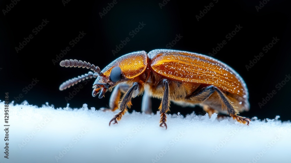 Naklejka premium Close-up of a glistening beetle on a snow-covered surface, showcasing intricate details and textures