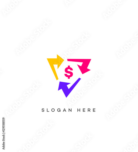 Free Download Colorful financial cycle logo with a pink dollar sign at its center, surrounded by yellow, pink, and purple arrows indicating continuous flow or exchange, on a plain white background. - GFXLoad