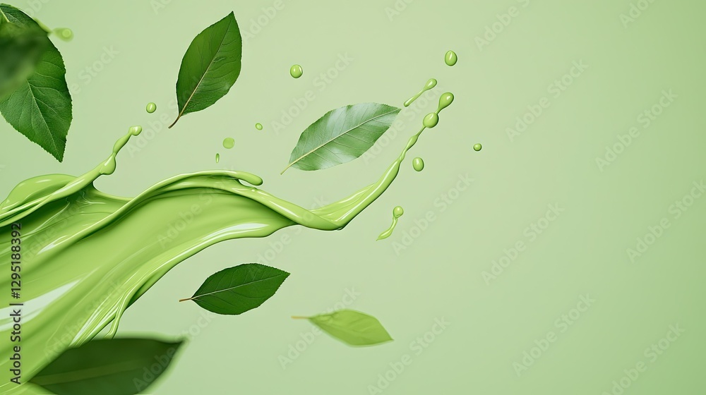 A flowing green liquid merges with fresh leaves, creating a vibrant, nature-inspired composition on a soft green background. A flowing green liquid merges with fresh leaves, creating a vibrant, nature-inspired composition on a soft green background.