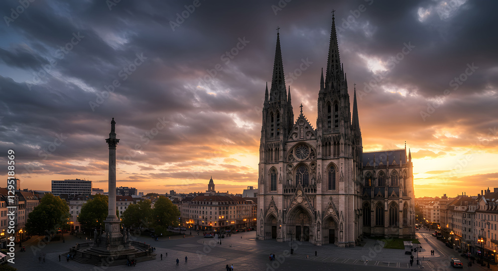 Majestic Cathedral in France at Sunset with Dramatic Cloudy Sky Majestic Cathedral in France at Sunset with Dramatic Cloudy Sky