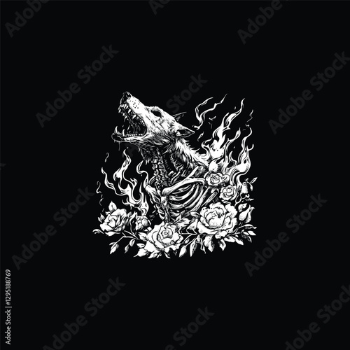 Wolf skeleton with flames and floral design vector template illustration