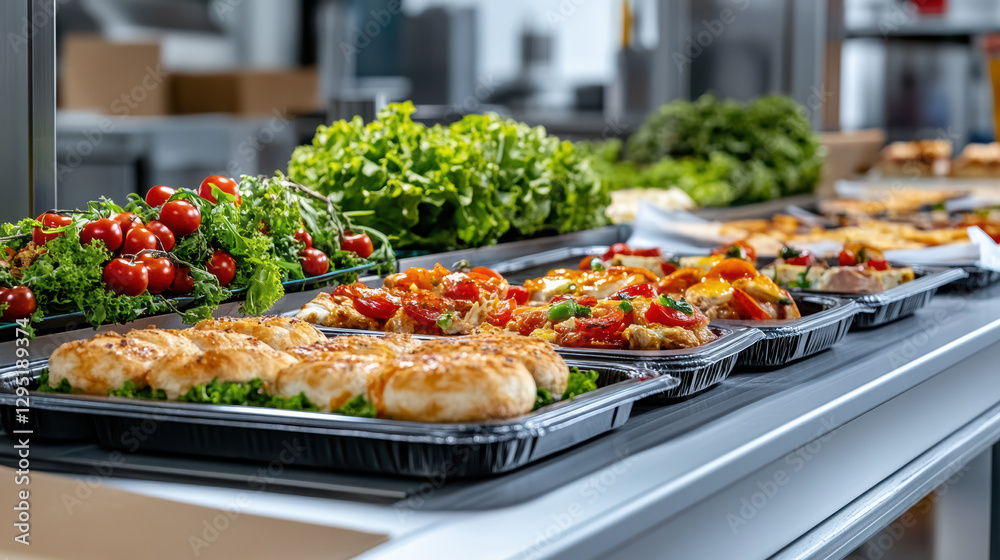 Freshly prepared food on display with vibrant vegetables and pastries Freshly prepared food on display with vibrant vegetables and pastries