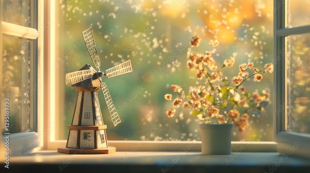 Obraz premium Wooden windmill model on windowsill, autumn view, light, flowers
