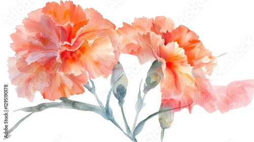 Watercolor painting of blooming carnations on transparent background
