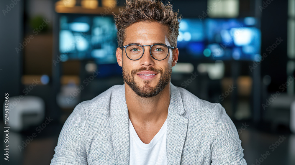 Obraz premium Professional man with glasses smiling in modern office setting
