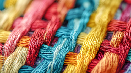 of colorful fabric weave with interlaced threads creating texture 