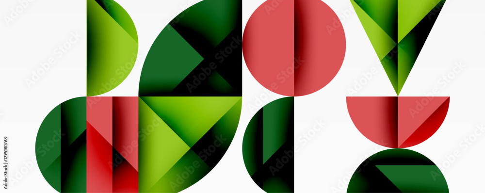 Abstract geometric background with layered gradient shapes forming dynamic patterns. Overlapping semi circles and triangles create depth and contrast